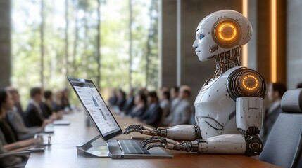 Poster - A business executive robot delivering a presentation with advanced analytics in a sleek boardroom symbolizing the power of AI in driving corporate success Stock Photo with copy space