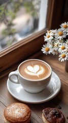 Cup of coffee with heart-shaped latte art next to some beautifully arranged desserts. Tasse de café latte en forme de cœur à côté de desserts joliment disposés.