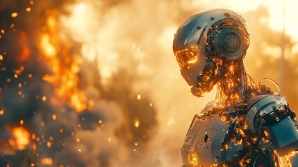 Poster - A firefighting robot dressed in full gear battling a fire with advanced technology in a complex environment representing the future of emergency response through robotics Stock Photo with copy space