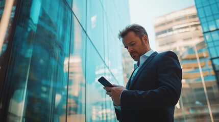 Poster - Serious businessman dressed in a suit using a smartphone while waiting outside a glass building, conveying professionalism