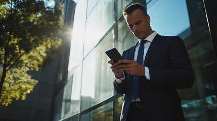 Poster - Serious businessman dressed in a suit using a smartphone while waiting outside a glass building, conveying professionalism