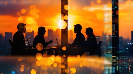 Canvas Print - Silhouette of business people working together in an office with light effects and double exposure, representing teamwork and partnership