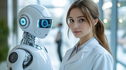 Poster - A medical assistant android in a white coat using advanced diagnostic tools during a consultation in a futuristic clinic representing the precision and personalization of robotic healthcare Stock
