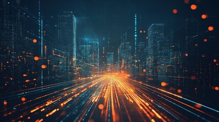 Poster - Smart city concept with abstract polygon pattern and high-speed light connections, technology theme