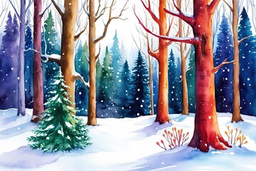 Colorful Watercolor Art of a Whimsical Snowy Forest Landscape