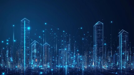 Poster - Smart city concept with abstract polygon pattern and high-speed light connections, technology theme