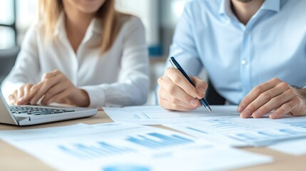Poster - Smiling employees checking financial statements, positive business concept