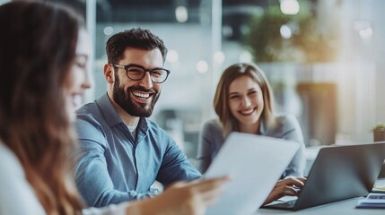 Poster - Smiling employees checking financial statements, positive business concept