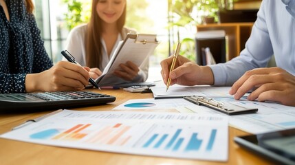 Poster - smiling employees checking financial statements, positive business concept