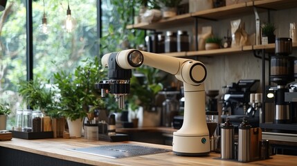 Poster - A robotic barista expertly making coffee in a chic cafe setting representing the role of automation in enhancing the efficiency and experience of customer service Stock Photo with copy space