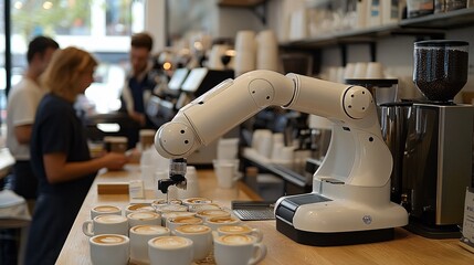 Poster - A robotic barista in a high-tech cafe environment serving coffee to customers showcasing the precision and consistency of automated coffee making in modern coffee culture Stock Photo with copy space