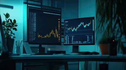 Poster - Stock market growth analysis with digital charts and graphs in a modern office