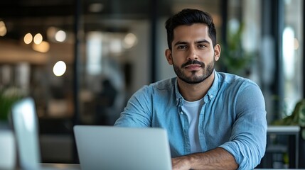 Poster - businessman working on a laptop in a modern office, focusing on e-commerce