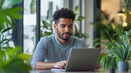 Poster - businessman working on a laptop in a modern office, focusing on e-commerce