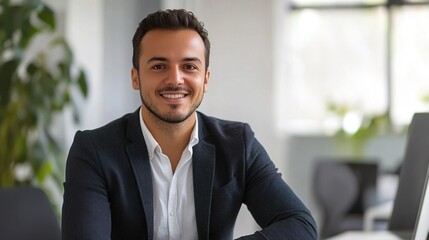 Canvas Print - businessman working on an e-commerce project in a modern office, smiling at the camera