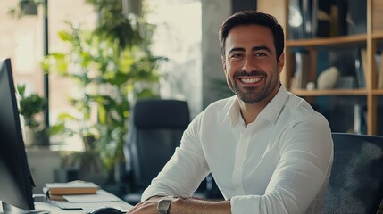 Sticker - businessman working on an e-commerce project in a modern office, smiling at the camera