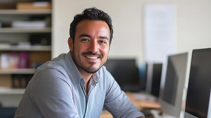 Poster - hispanic businessman working on data analysis in a modern office, smiling at the camera, copy space