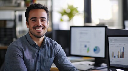 Poster - stylish hispanic businessman working on data analysis in a modern office, smiling at the camera, cop