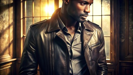 A sleek black leather jacket glistens in warm light, showcasing subtle folds and sharp creases on a stylishly dressed man amidst distressed wood and vintage windows.