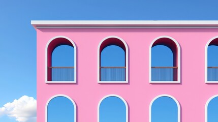 Wall Mural - Minimalist Architectural Design Featuring a Pink Wall with Arched Windows and Balconies Against a Clear Blue Sky