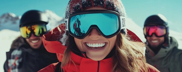 Three skiers are smiling at the top of a snowy mountain on a sunny day