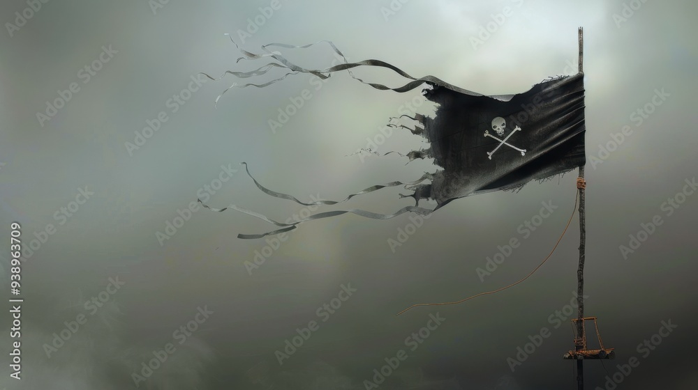Tattered black pirate flag with skull and crossbones waving in stormy ...