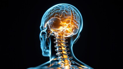 a detailed illustration of the human brain and spine, showcasing neural connections and activity in 