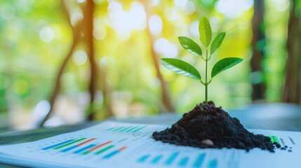 Young plant growing from soil on financial documents with green nature blurred background, symbolizing sustainable growth and investment.