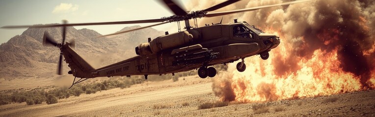 A military helicopter navigates through smoke and fire while conducting a desert extraction mission