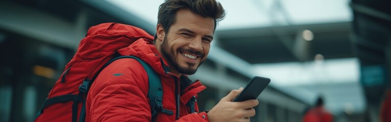 A happy bearded man engaging with his smartphone at a bus station