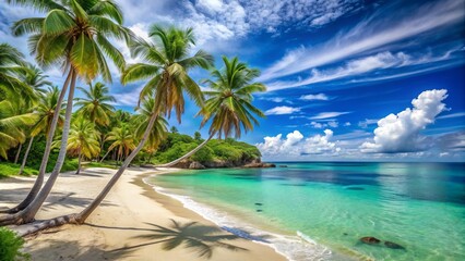 Serene tropical beach with swaying palm trees, clear turquoise water, and powdery white sand, evoking a sense of tranquility and relaxation in Paradise, California.