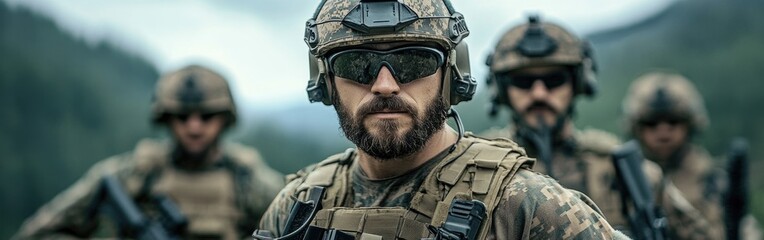 A team of infantry soldiers advances with weapons, focused and alert during patrol