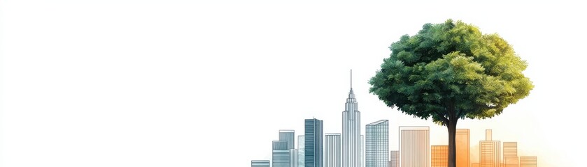 A vibrant tree standing against a city skyline, symbolizing the harmony between nature and urban life.