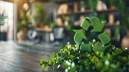 Wall Mural - A green recycle logo is prominently displayed on a table, surrounded by lush plants and greenery, symbolizing an eco-friendly approach within a clean and stylish office space.