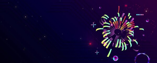 Wall Mural - Dark retro futuristic art neon abstraction background cosmos new art 3d starry sky glowing galaxy and planets blue circles	