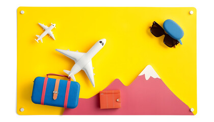 Wall Mural - Flat lay design of travel concept with plane on yellow background isolated with white highlights, png