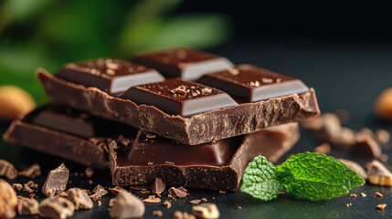 A rich close-up of dark chocolate bars stacked together with fresh mint leaves, showcasing the delicious contrast and richness of the chocolate.