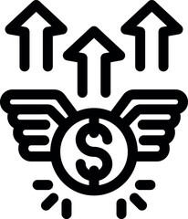 Wall Mural - Line art vector icon of a dollar coin with wings flying up surrounded by growing arrows representing successful investment