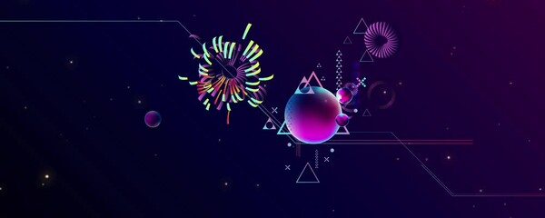 Wall Mural - Dark retro futuristic art neon abstraction background cosmos new art 3d starry sky glowing galaxy and planets blue circles	