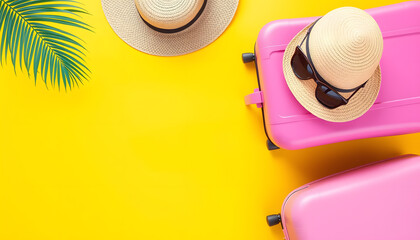 Wall Mural - Summer time concept. Close up of two travel bags suitcases, straw hat and sunglasses on yellow background with copy space isolated with white highlights, png