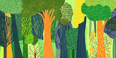 Wall Mural - Colorful Abstract Forest Illustration with Diverse Trees