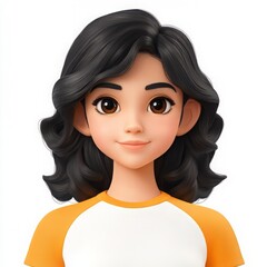 Cartoon smiling girl with black wavy hair, wearing an orange and white shirt, isolated on a white background.