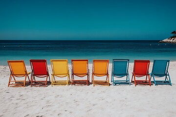 Colorful Beach Chairs Facing Ocean Blue Sky Vacation Relaxation