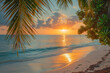 © Ai - As golden sun dips below horizon, casting a warm glow over tranquil beach in tropics, panoramic view captures stunning summer landscape, creating a vibrant and positive scene of a perfect vacation or
