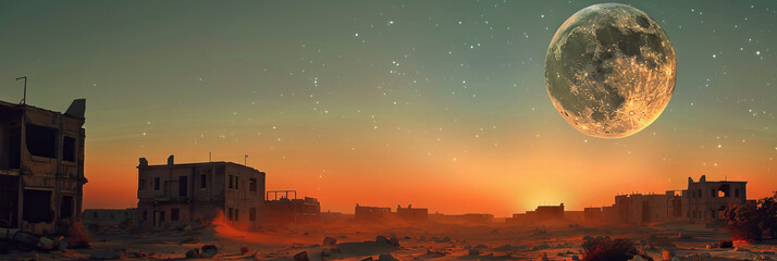 Wall Mural - Cosmic Canvas: The full moon hanging in the sky, its light casting long shadows across a dusty, abandoned cityscape.