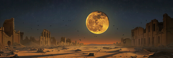 Wall Mural - Cosmic Canvas: The full moon hanging in the sky, its light casting long shadows across a dusty, abandoned cityscape.