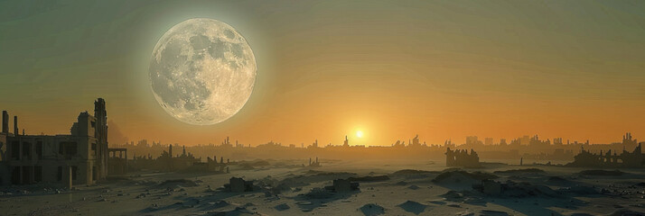 Wall Mural - Cosmic Canvas: The full moon hanging in the sky, its light casting long shadows across a dusty, abandoned cityscape.