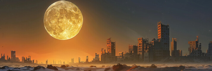 Wall Mural - Cosmic Canvas: The full moon hanging in the sky, its light casting long shadows across a dusty, abandoned cityscape.