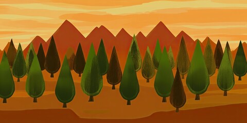 Wall Mural - Stylized Landscape with Trees and Mountains at Sunset