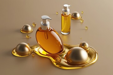 Wall Mural - 3D Rendered Golden Oil Bubble Elements for Skincare and Nourishing Formulas